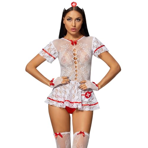 Women’s Sexy Nurse Costume Naughty Cosplay Lingerie Strappy Outfits Fancy Dress Uniform Role Play Exotic Bodysuit Set with G-String Headpiece & Stockings Adult Babydoll Sleepwear Minidress Party