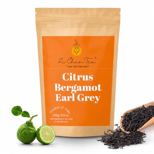 Image of Zi Chun Tea | Bergamot Earl Grey Tea Loose Leaf | Made with Extra Whole Bergamot Pieces (Not Oil), Premium Assam Black Tea, Bold Citrus Flavor, Non-GMO, No Artificial Ingredients | 8.8 oz