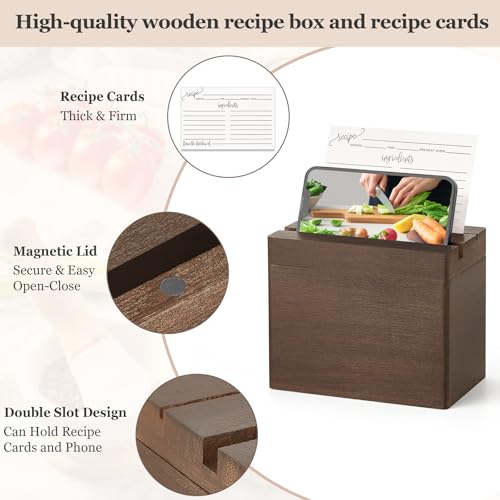 Dahey Double Slots Recipe Box Wooden Recipe Organizer with 100 Recipe Cards and 6 Dividers, Rustic Recipe Cards and Box Set with Phone Holder to Write in Your Own Recipes for Cooking Lovers Kitchen