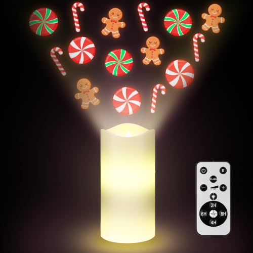Image of Christmas Flameless Candles Projector Indoor Candy Projector Light Holiday LED Candle Battery Operated Night Light with Remote Timer Gingerbread Peppermint Party Gift Room Home Decor