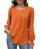 Funlingo Long Sleeve Shirt Women 2026 Fall Fashion Dressy Casual Round Neck Pleated Tunics Elegant Ladies Tops and Blouses Work Clothes Orange L
