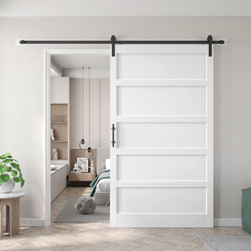Image of Fredbeck 54x80 White Sliding Barn Doors and 9FT Hardware Kit Included,MDF,Solid PVC Surface,DIY Assembly,5-Panel,for Bedroom,Closet