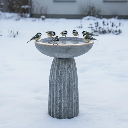 SunJet Modern Bird Bath, 24.4inches Height Fibre-Reinforced Concrete Birdbath with Textured Pedestal for Outdoor Garden, Yard, Lawn Decor