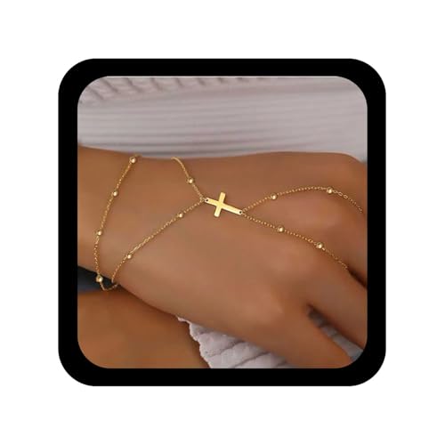 Cybche Punk Cruz Dedo Anillo Pulsera De Oro Crucifijo Pulsera Crucifijo Esclavo Pulseras Ajustables Cruz Mano Cadena De Bolas Arnés Pulseras Joyería Para Las Mujeres