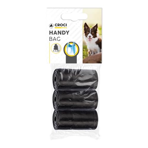 Croci - Sacs Hygiéniques pour Déjections Canines, 3 Rouleaux au Total 60 Sacs, avec Poignées, Noir
