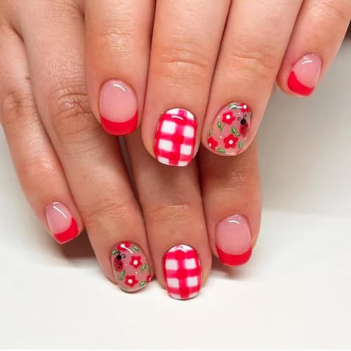 Red Press on Nails Short Square Fake Nails with Ladybug Red Flowe...