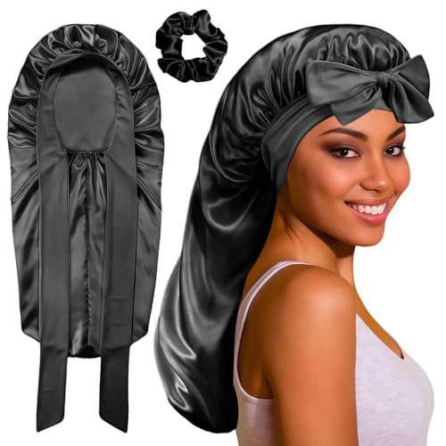 Waymaytecy 2 Pièces Bonnet Long en Satin pour Fille, Bonnet de Nuit en Soie Réglable, Noir,...