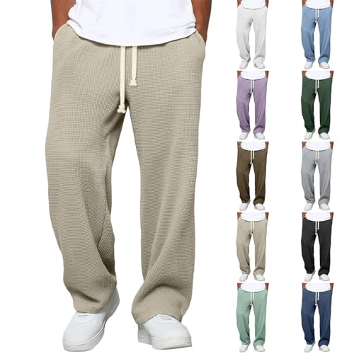 Waffle Pants for Men Textured Knit Drawstring Waist Casual Trousers Oversize Loose Fit Lightweight Comfort Jogger Sweatpants