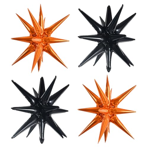 Image of TONIFUL 4 Pcs Explosion Star Balloons Black and Orange Foil Party Decor | 22 Inch Large Mylar Star Balloon for Halloween Party Decor Graduation Sport Themed Birthday Baby Shower Photo Booth Supplies