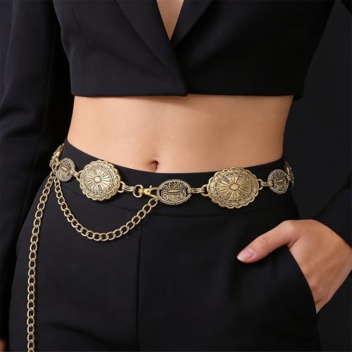 Image of SANNIDHI Waist Chain for Women for Saree Gold Metal Concho Waist Belt Stylish Boho Western Hip Belt Fashion Adjustable Cowgirl Jewellery Chain Belts for Dresses, Jeans, Skirts, Beach Outfits