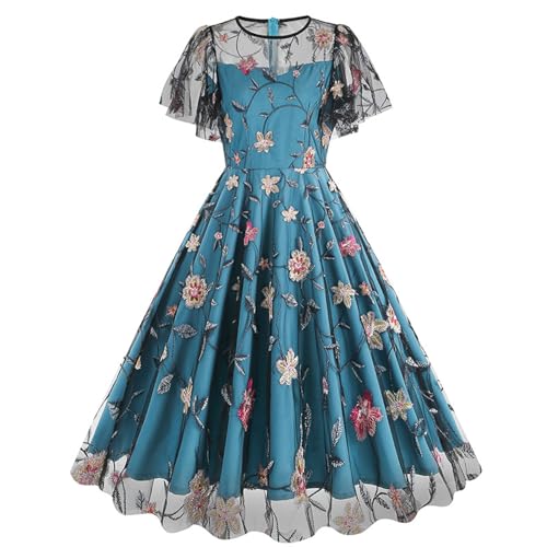 Generic Women Vintage Crewneck Rose Embroidered Floral Evening Dress 50s Retro Short Sleeve Wedding Cocktail A Line Midi Gown, Large, Blue