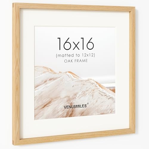 Image of 16x16 Picture Frame, USA-Sourced Natural Oak Wood Photo Collage Frame with HD Tempered Glass, Modern Simple 16 x 16 Wooden Frame Matted to 12x12, Gallery Wall Frames for Art