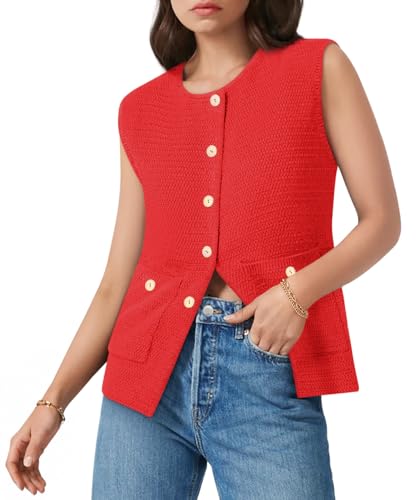 Image of Yousify Womens Sweater Vest Sleeveless Button Down Round Neck Knitted Tank Tops Casual Cardigan with Pockets