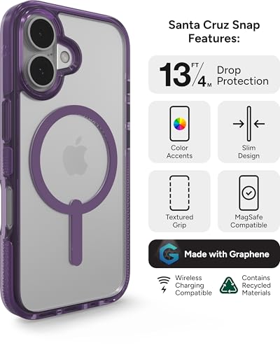 Image of ZAGG Santa Cruz Snap Case for iPhone 16 - MagSafe Compatible, 13ft Military-Grade Drop Protection, Graphene Reinforced, Lightweight, 70% Recycled Content, Clear with Color Accents, Hyacinth Purple