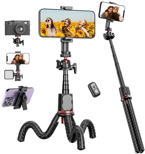 Flexible Tripod Selfie Stick for iPhone - Extendable Phone Tripod Selfie Stick with Cold Shoe Mount & Remote, Cell Phone Tripod Stand for Video Recording Vlog Compatible with iPhone Android Camera