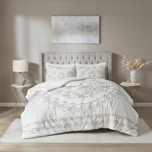 Image of Madison Park Cotton Chenille Tufted Ivory /Taupe Queen Comforter Set, 3pc