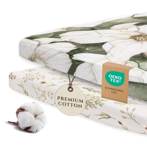 Image of Pobi Baby Pack N Play Sheets for Girls, 2-Pack, Cotton Blend (Zephyr) | Playard Sheet, 2-Pack, Graco 38x26, Cotton, Mini Crib Sheet, Soft, Snug, Safe, Pack n Play, Playpen, Travel, Machine Wash