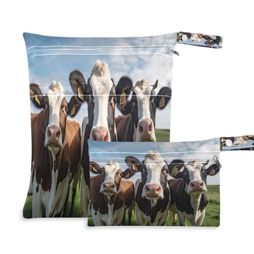 ATTX Three Cows Wet Dry Bags 2-Pack - Reusable Cloth Diaper Storage for Travel, Beach & Gym | Multi-Use Waterproof Bags for Swimsuits, Baby Clothes, Sports Gear#353