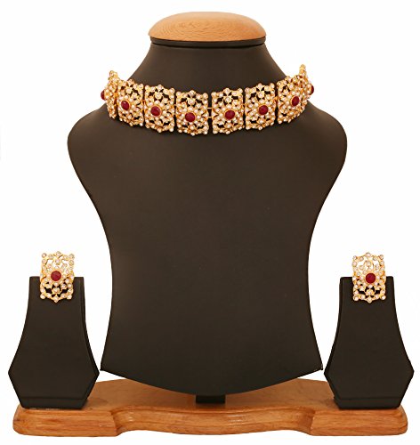 Image of Touchstone Mughal Jali Collection Gold Tone Indian Mughal Bollywood White Diamante Jewelry Choker Set for Women