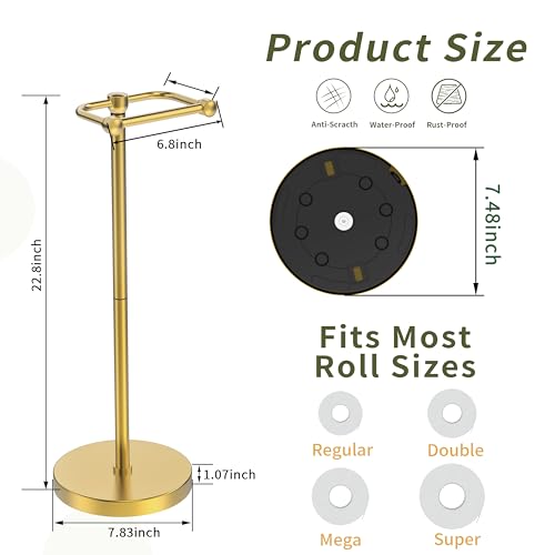 Image of Toilet Paper Holder Stand, Modern Bathroom Free Standing Toilet Paper Roll Holder, Post Pivoting Toilet Paper Stand with Stainless Steel Tissue Rack, Rust-Proof & Heavy Stable Base(Brushed Gold)