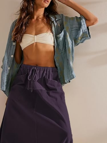 Summer Women's Baggy Parachute Skirt Casual Trendy Cotton Bubble Y2k Cargo Maxi Long Skirt with Pockets4