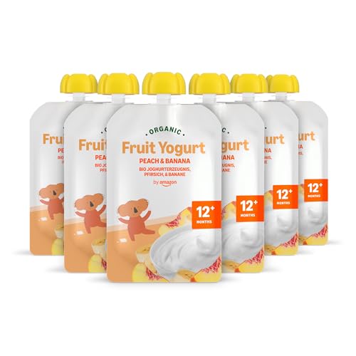 Marca Amazon - Mama Bear Yogur ecológico con puré de melocotón y plátano ecológicos, vegetariano, 90g, Paquete de 6