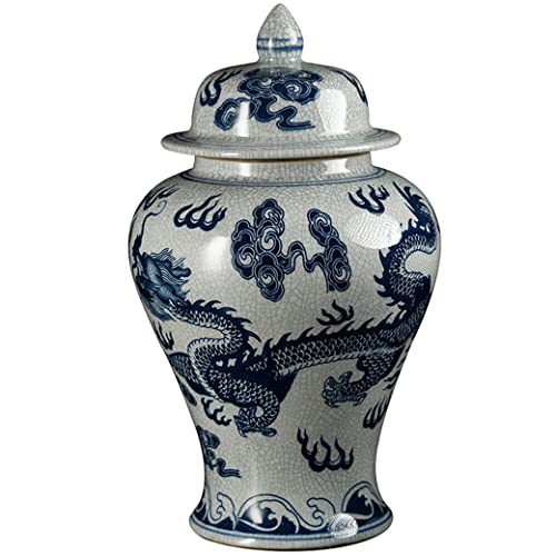 Chinoiserie Ceramic Ginger Jar Vases with Lid, Antique Blue and