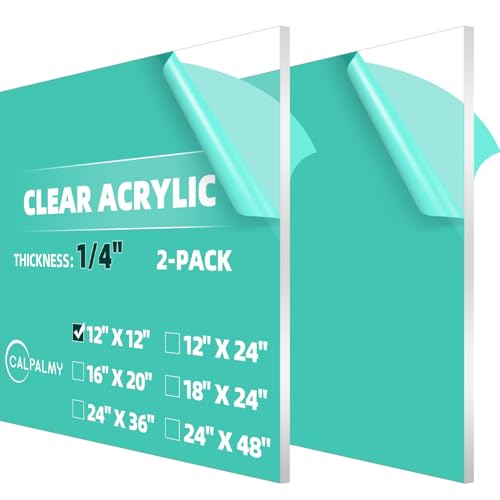 CALPALMY (2-Pack) 12 x 12 Inch Clear Acrylic Sheet Plexiglass 1/4' Thick; Use for Craft Projects, Signs, Display Cases, DIY Projects and More; Cut with Cricut, Engraver, Saw or Hand Tools – No Knives