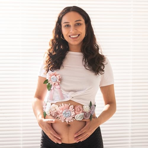 Image of Baby Shower Maternity Sash Belly Belt-Pink Flower Sash Set Mom to Be & Dad to Be Corsage Pins for Gender Reveal