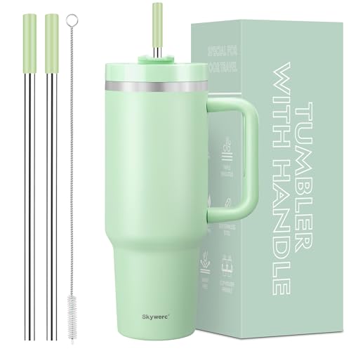 40 oz Tumbler with Handle and Straw, 2 in 1 Lid, Vacuum Insulated Stainless Steel Double Wall Water Bottle Travel Coffee Mug - Holiday Gifts for Women Men - Light Green by Skywerc - Used condition - CA$15.08