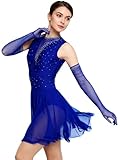 Xnihocha Damen Glitzer Kleider Eiskunstlauf Ballettkleid mit Langen Handschuhen Ärmellos Ballettkleid Tanz Trikot Tanzanzug Königsblau S