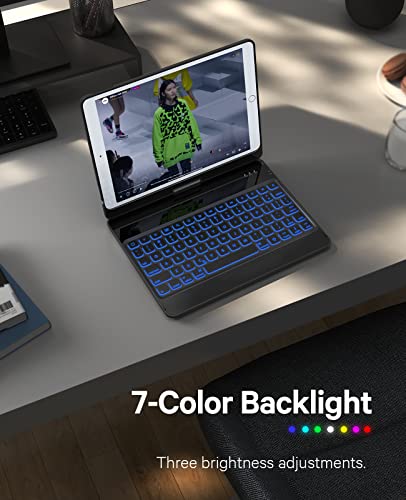Earto Ipad 9Th/8Th/7Th Generation Keyboard Case, Pro 10.2/10.5 Inch (2021), Air 3, 7 Color Backlit, 360 Rotatable, Slim Wireless Keyboard With Folio Hard Back Cover, Black #TOP2