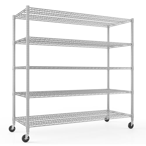 Himimi Storage Shelves 60"W Wire Shelving with Wheels 3250LBS Heavy Duty Metal Shelves for Storage, 5-Tier Adjustable Wire Rack Shelving Garage Shelving Kitchen Storage Shelves 24"Dx60"Wx82"H, Silver
