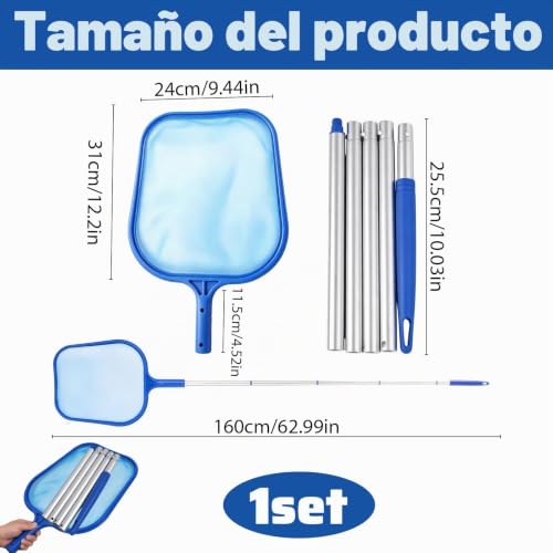 Miniatura 2 de Recogehojas Profesional Para Piscinas Kit De Limpieza Con Barra Telescópica De Aluminio De 161 Cm Y Red Resistente Para Eliminar Hojas, Insectos Y Suciedad En Piscinas, Estanques Y Áreas Acuáticas
