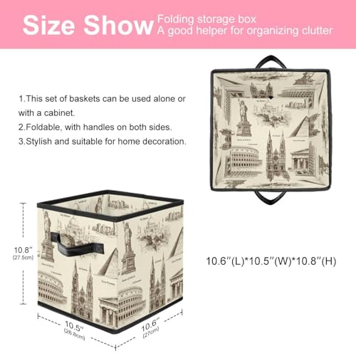 Boîte de rangement pliable vintage cube en tissu imprimé monuments