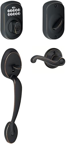 Schlage FE365-PLY-FLA-RH Juego de manillas electrónicas Plymouth para diestros con Flair L, bronce envejecido disponible en Yaxa Mexico