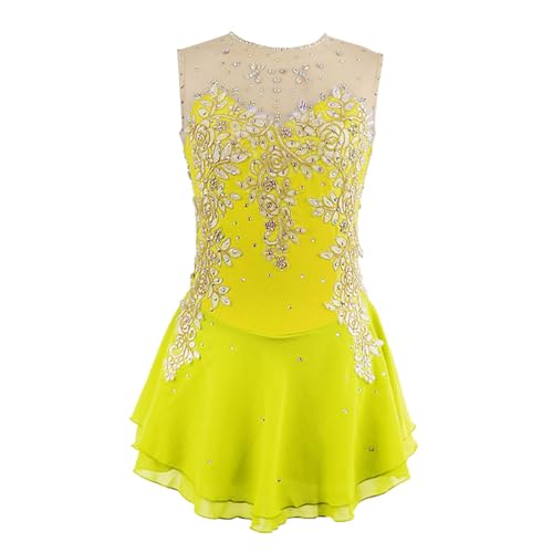 MANYUBEI Women's Sleeveless Figure Ice Skating Dress, Girl's Shiny Rhinestone Ballet Leotard Dance Skirt Adults Children Gymnastics Tutu Dress Performance Competition,3XS, Yellow