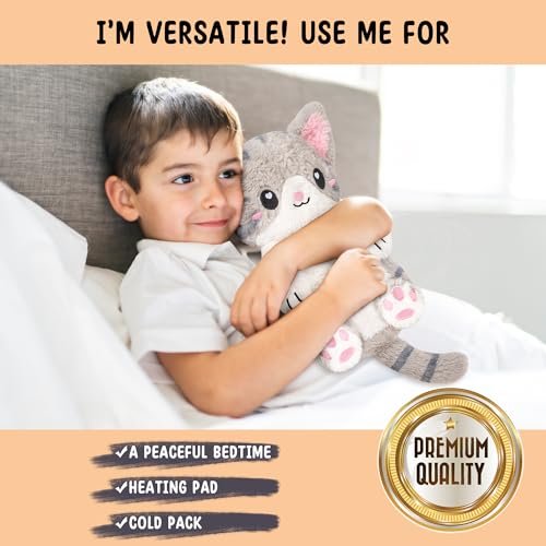 Image of Happy Fuel Grey Cat Microwavable 1.5 lbs Unscented Heating Pad for Women & Kids- Cute Soft Cozy Pillow Plush Heatable Warm Stuffed Animals- Kawaii Hot & Cold Plushie - Gray Cat Gifts for Girls & Women