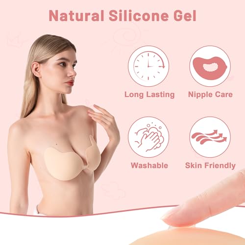 Image of LAZYROSY Sticky Invisible Push up Silicone Bra Backless Strapless Invisible Adhesive Bra with Nipple Covers for Women (Beige, C)