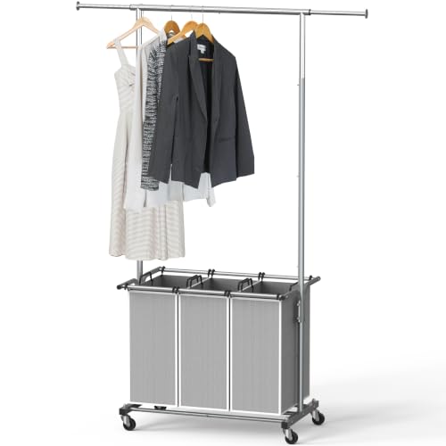 Simple Houseware Laundry Sorter Cart with Hanging Rod, Silver | Extendable Width from 30.6 to 48″, Removable 3-Section Laundry Basket
