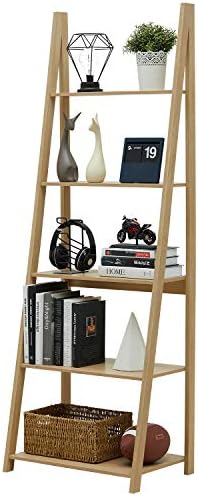 kicode 5-Tier Ladder Shelf Bookcase, Leaning Bookshelf, Wooden Frame Decor Modern Bookshelf Storage, Flower Shelf Plant Display Shelf for Home Office (Natural)