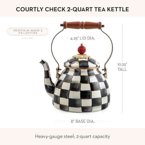 Image of MACKENZIE-CHILDS Tea Kettle, 2 Quarts, Black-and-White Courtly Check