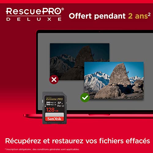 SanDisk Extreme PRO Carte SDXC 128 Go (Carte SD V60, Vitesse de Lecture jusqu'à 280 Mo/s, UHS-II, 6K, 4K UHD, logiciel de récupération des données RescuePRO Deluxe, Class 10, U3)