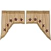 Burlap Natural with Burgundy Stars Primitive 36x36x16 Swag Pair Tan Rod Pocket Stenciled Cotton Kitchen Window Curtains