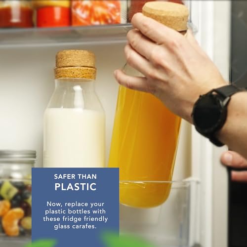 HEFTMAN 2er Set Glaskaraffe 1 Liter - Klarglasflasche für Heiße und Kalte Getränke, Wasser Karaffe Gläser mit Korkdeckel, Nachfüllbare Weichspülerdosen mit Stopfen - 2 Stk