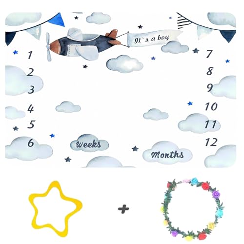 Image of Airplane Theme Baby Monthly Milestone Blanket for Boys, Soft Flannel Aircraft Pilot Cloud Stars Pattern Photography Prop Baby Shower Age Newborn Mom Gifts Nursery Decor (Blue, 60x40in)