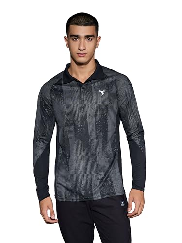 Image of TECHNOSPORT Men Polyester Slim Fit Printed Full Sleeve Polo Neck T-Shirt with Technocool+, SPF50+ & Quick Dry for Gym, Sports and Regular Use