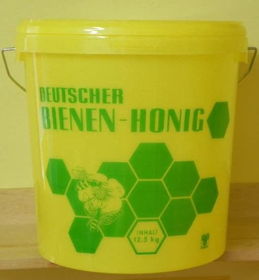 4X 12 5kg Honigeimer gelb m.Deckel mit Aufdruck 8 08/St Höhe 26 cm Ø Oben 25 unten 22 cm Imker Bienen Eimer