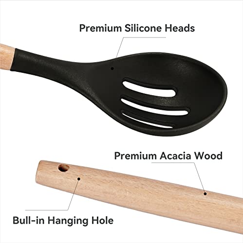 Kitchen Silicone Utensil Set,12 Pcs Non-Stick Silicone Kitchen Cooking Utensils With Wood Handles,Kitchen Spatula Cookware Utensils Set For High Heat Resistant Silicone Kitchen Gadgets Set(Black) #TOP7