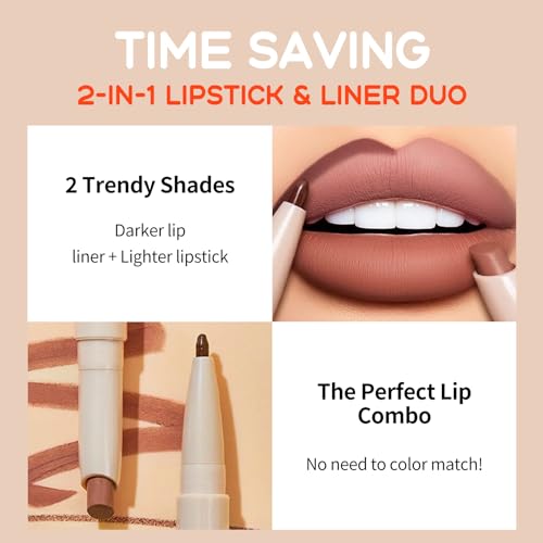 NewBang Double Colors Nude Lip Liner and Lipstick 2 in 1 Set,Moisture Smooth Dark Lipliner Light Lipstick Waterproof Longlasting Natural for Full Lip Look Makeup Nourishing Lip Stain Gloss Crayon#5 - Image 6